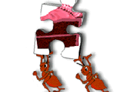 Two ants carrying a puzzle piece