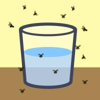 A cup half full of liquid surrounded by flies.