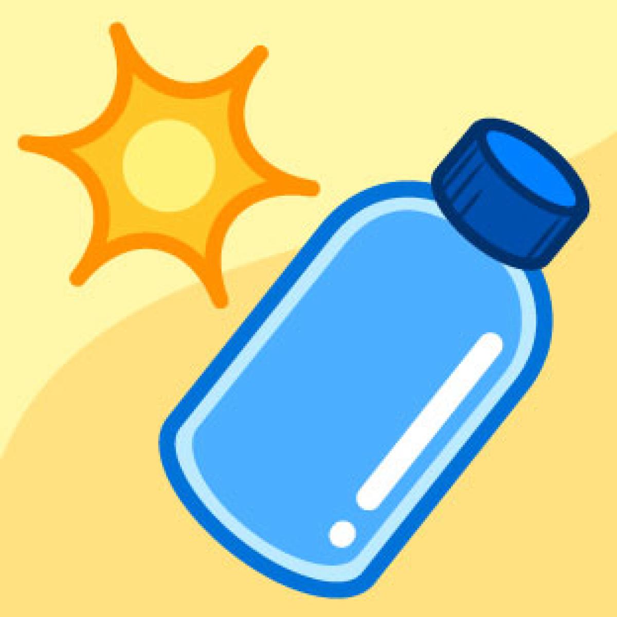 An illustration of a sun and a water bottle with a tan two-toned background for the heat safety game Beat the Heat